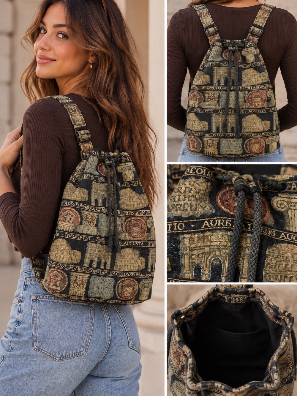 Tapestry Drawstring Backpack - Brown Vintage Roman Print